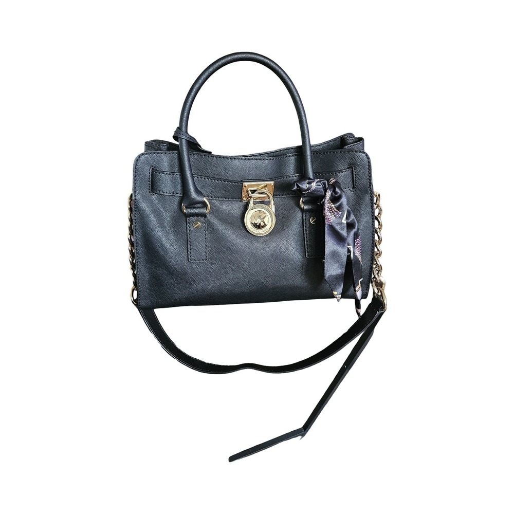 Michael Kors Hamilton Satchel Black Saffiano Leather Gold Hardware Handbag Scarf